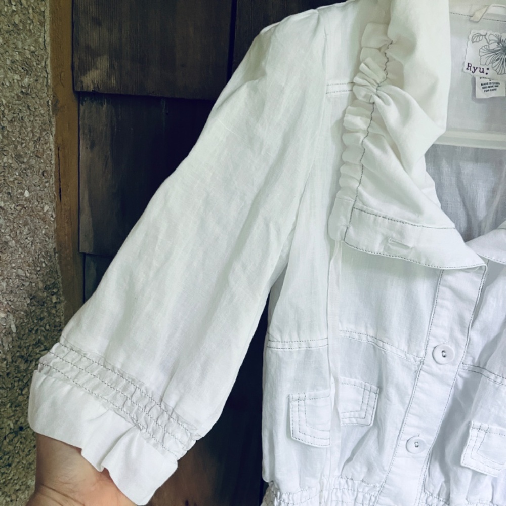 Rare Anthropologie Ryu Linen & Cotton Gathered Collar White Short Jacket Size S - Picture 6 of 14